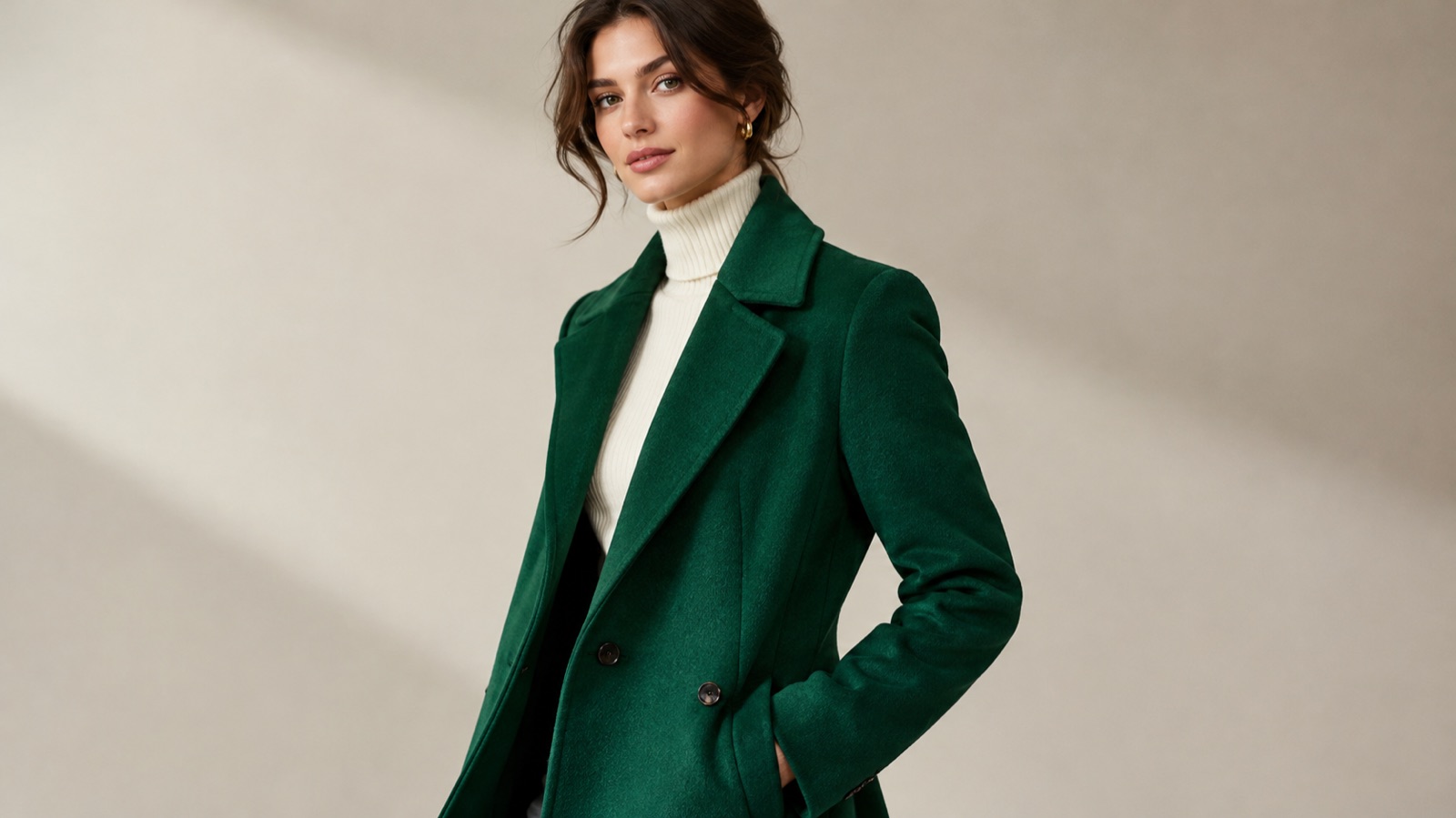 Fashion editorial model wearing a tailored emerald green coat photographed against a soft neutral studio backdrop