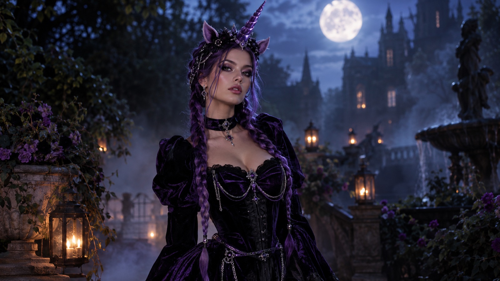 Editorial Halloween costume portrait of a person with violet braids standing in a moonlit garden, wearing an ornate costume lit by soft blue and silver light