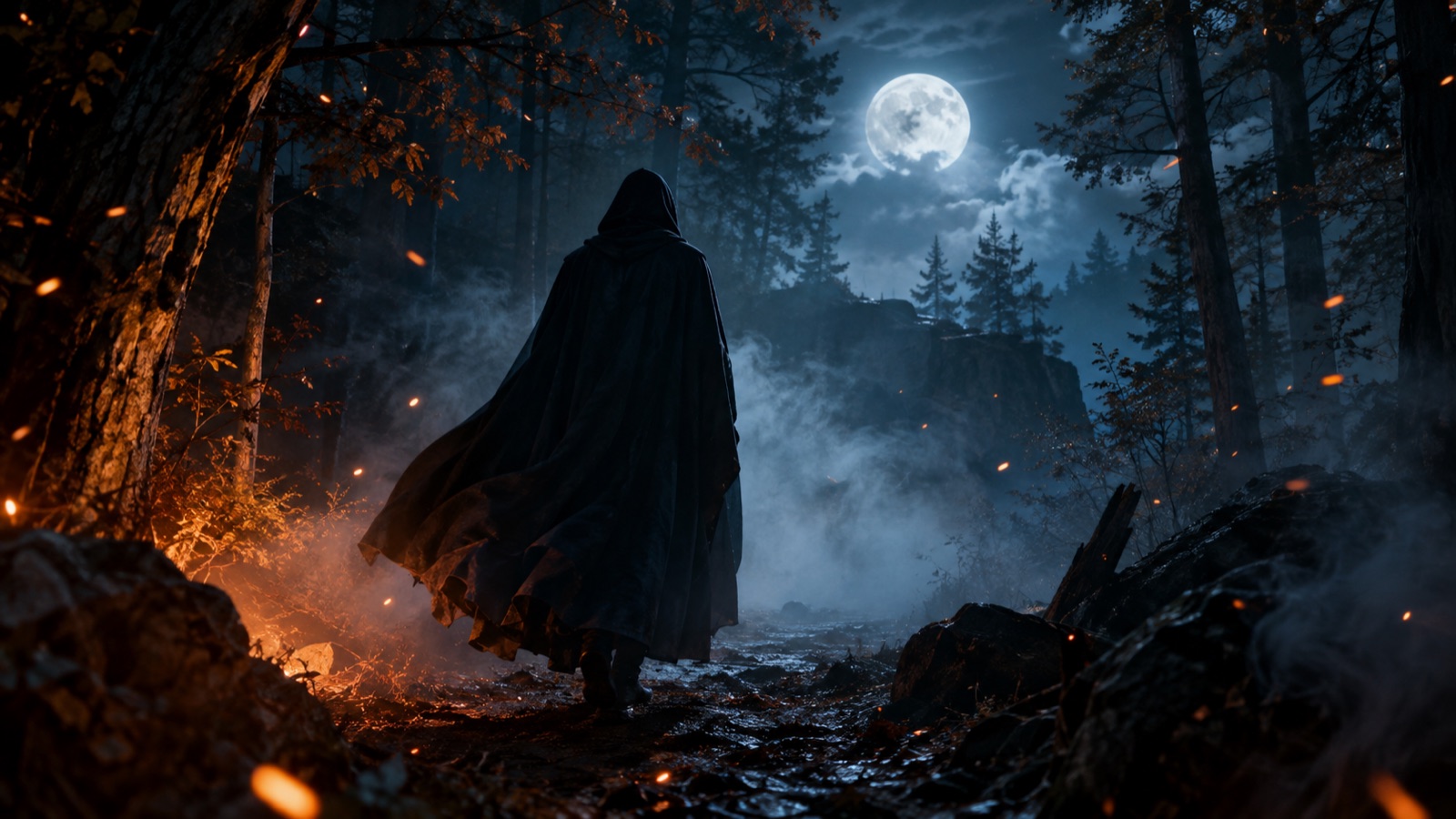 Cinematic cloaked figure standing in a moonlit forest with drifting fog and tall dark trees