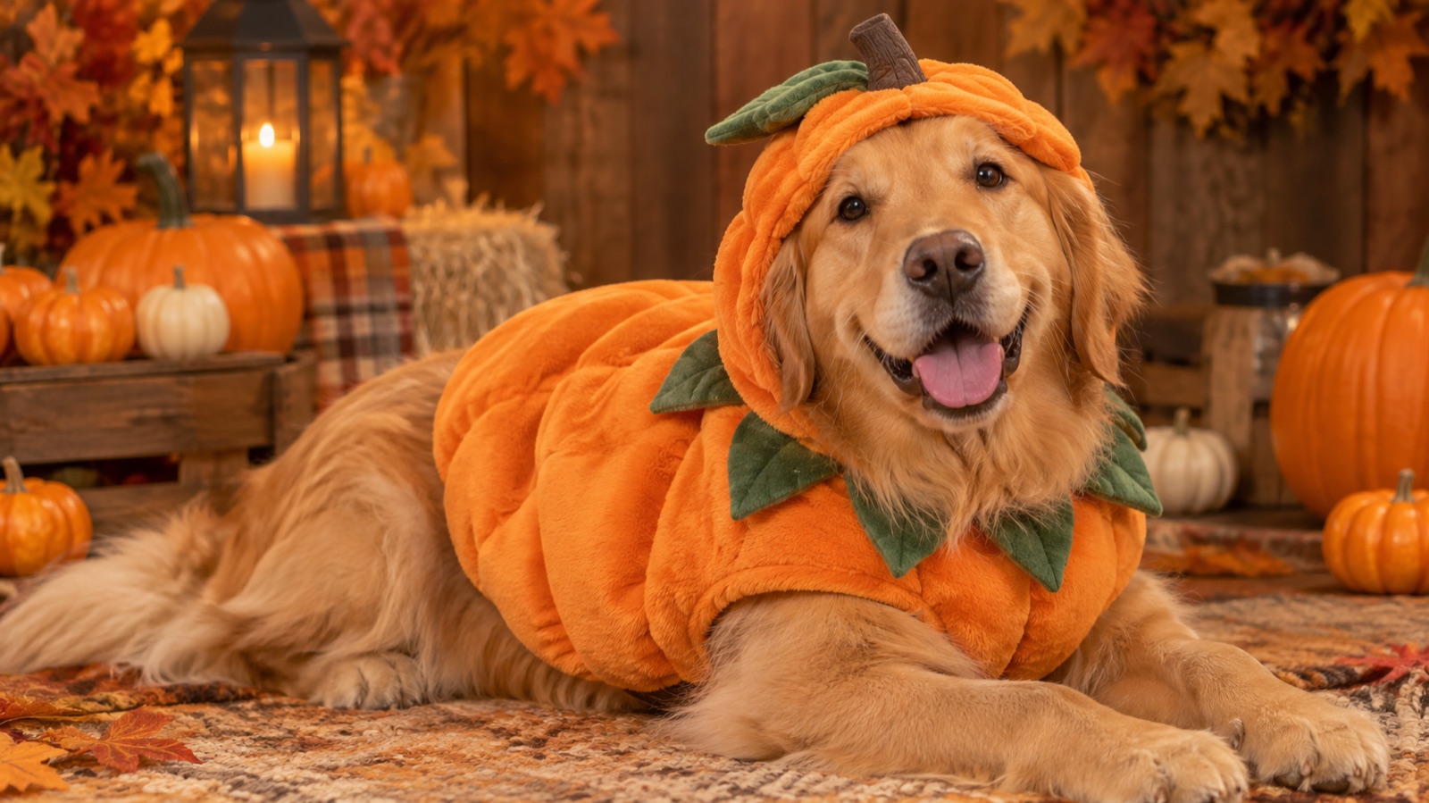 Golden retriever wearing a rounded orange pumpkin costume with a green leaf collar, sitting in a warm studio setting against a soft neutral backdrop