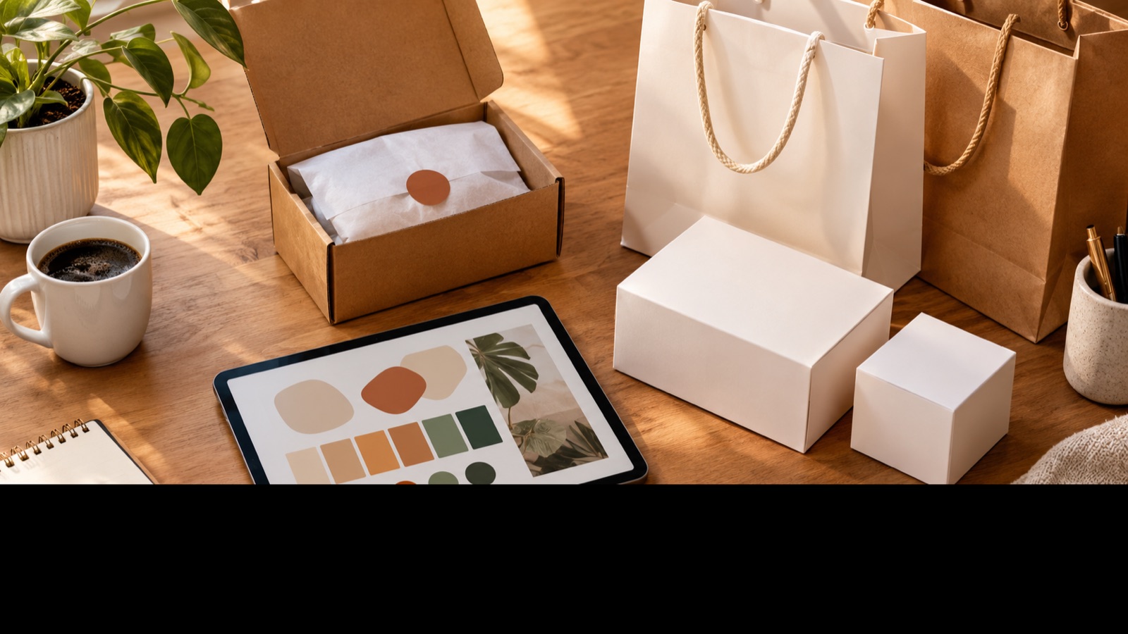 Creative ecommerce workspace with a tablet showing an image editor, colour swatches, and shopping bags on a desk in warm light