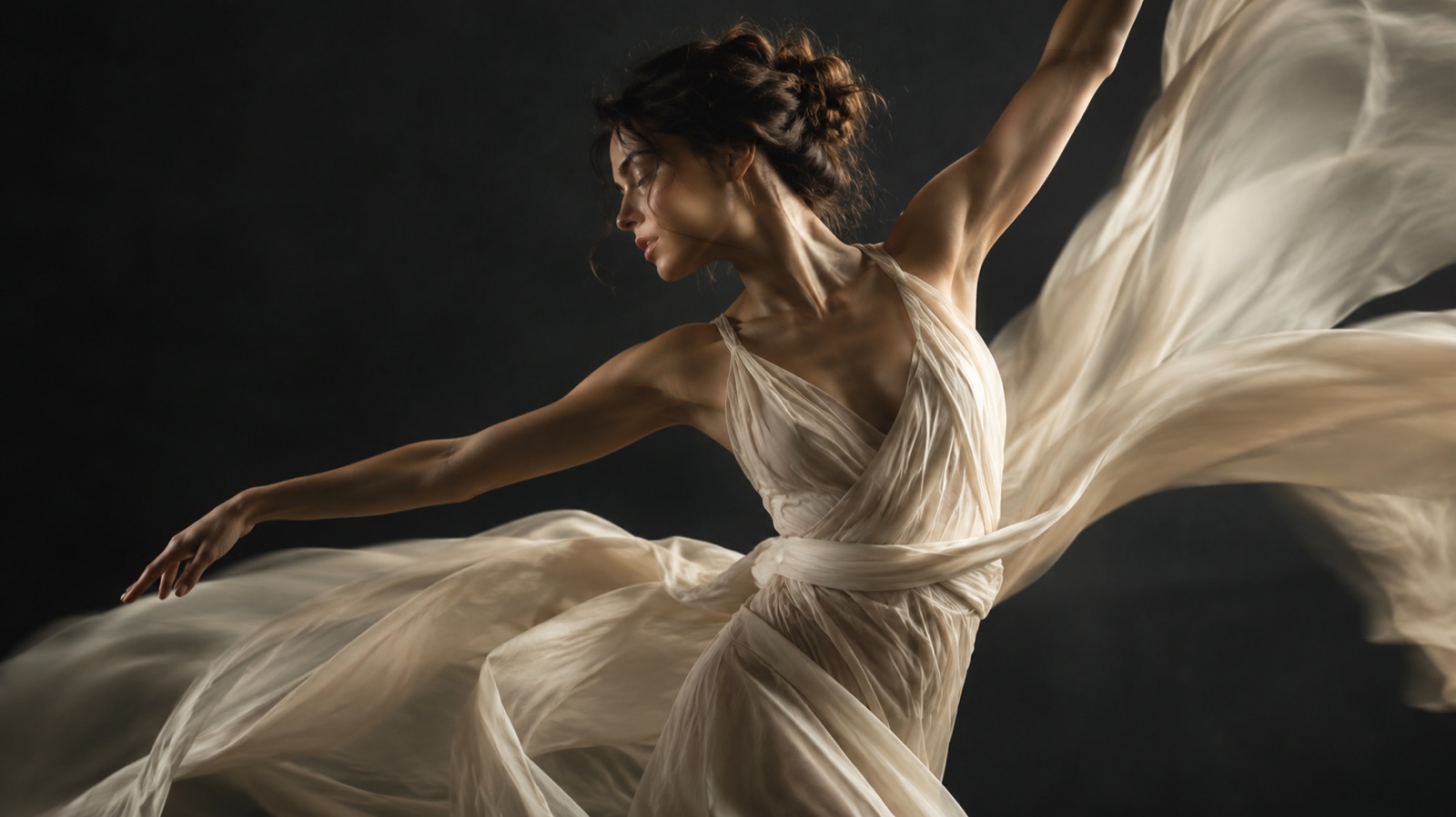 Dancer in flowing fabric captured mid-movement with soft motion blur trailing across the frame